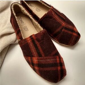 Toms Women's Alpargata Slip-On in Burgundy and Orange Plaid